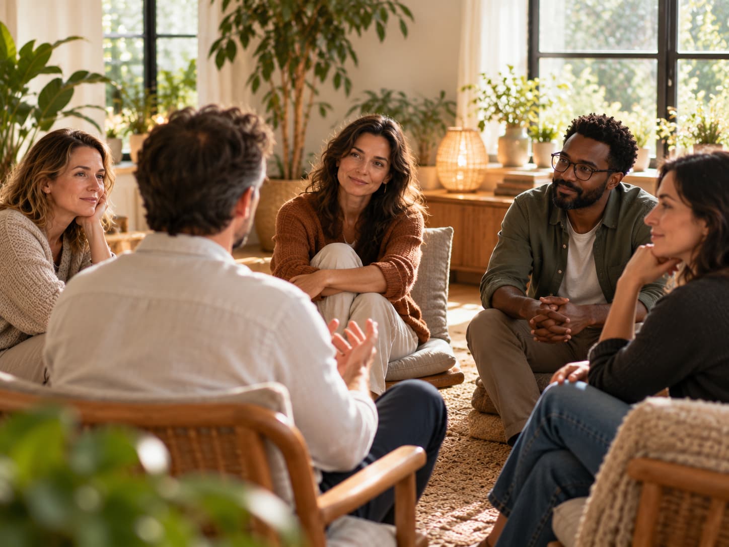 Gruppenmentoring: Fünf Menschen sitzen im Kreis in einem hellen Raum mit Pflanzen und hören einer sprechenden Person zu.
