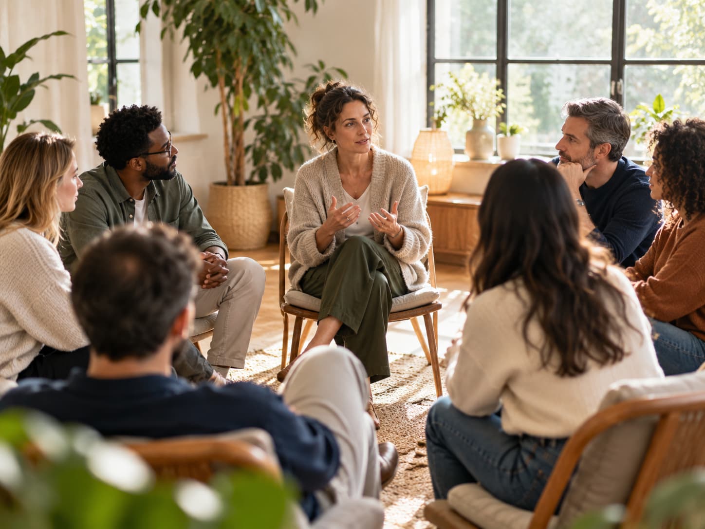 Präsenz-Workshop als Sinnbild: Eine Gruppe sitzt im Kreis in einem hellen Raum mit Pflanzen, eine Frau in der Mitte spricht